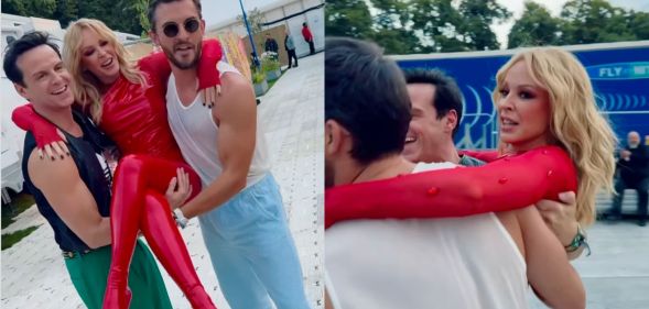 Jonathan Bailey and Andrew Scott carry Kylie Minogue to her BST Hyde Park show.