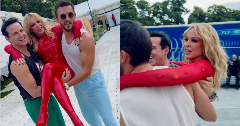 Jonathan Bailey and Andrew Scott carry Kylie Minogue to her BST Hyde Park show.