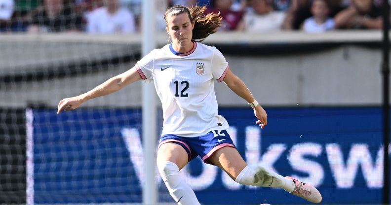 USWNT player Tierna Davidson, who identifies as LGBTQ+, kicking a ball