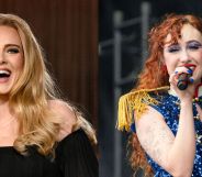 An image composite showing Adele (left) smiling and singing, and Chappell Roan smiling and singing (right)