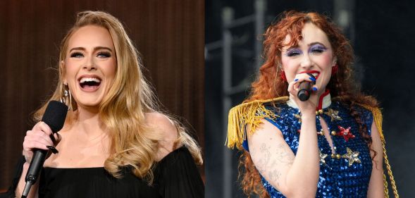 An image composite showing Adele (left) smiling and singing, and Chappell Roan smiling and singing (right)