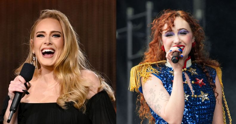 An image composite showing Adele (left) smiling and singing, and Chappell Roan smiling and singing (right)