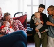 This is a side by side image depicting two LGBTQ+ couples with babies. On the left side, there are two white women holding a baby on a couch. They are cuddling. The right side depicts two men holding a baby.