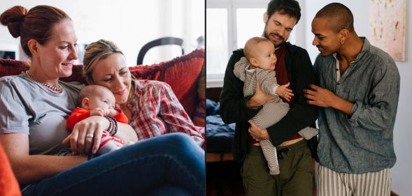 This is a side by side image depicting two LGBTQ+ couples with babies. On the left side, there are two white women holding a baby on a couch. They are cuddling. The right side depicts two men holding a baby.