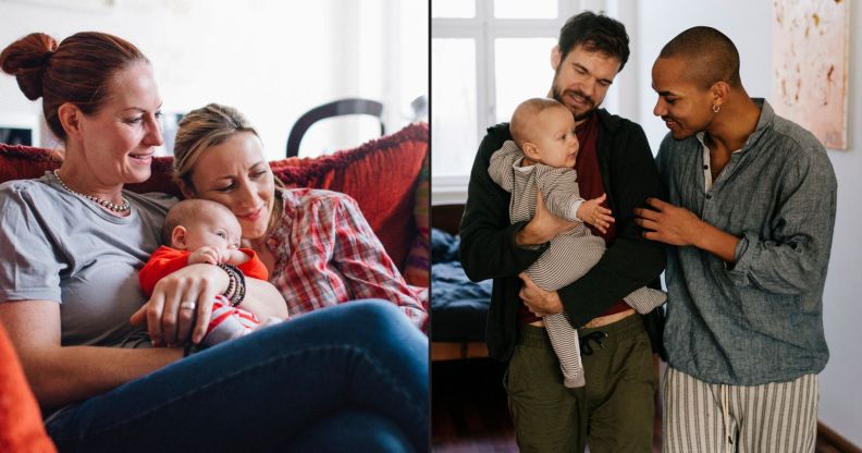 This is a side by side image depicting two LGBTQ+ couples with babies. On the left side, there are two white women holding a baby on a couch. They are cuddling. The right side depicts two men holding a baby.