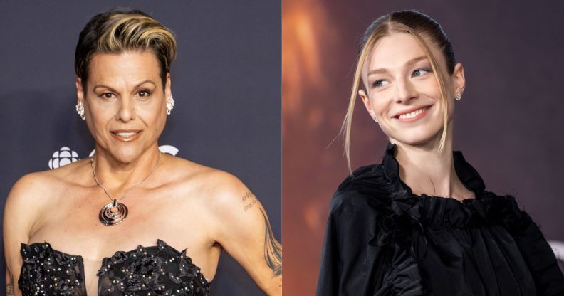 A composite image showing Alexandra Billings and Hunter Schafer at two separate red carpet events.