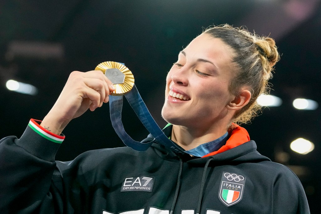 Gold medalist Alice Bellandi of Team Italy celebrate during the Wome's Judo -78 kg medal ceremony