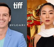 Andrew Scott smiling in a blue suit (left) and Greta Lee posing in a black and white dress (right)