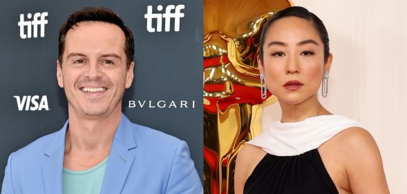 Andrew Scott smiling in a blue suit (left) and Greta Lee posing in a black and white dress (right)