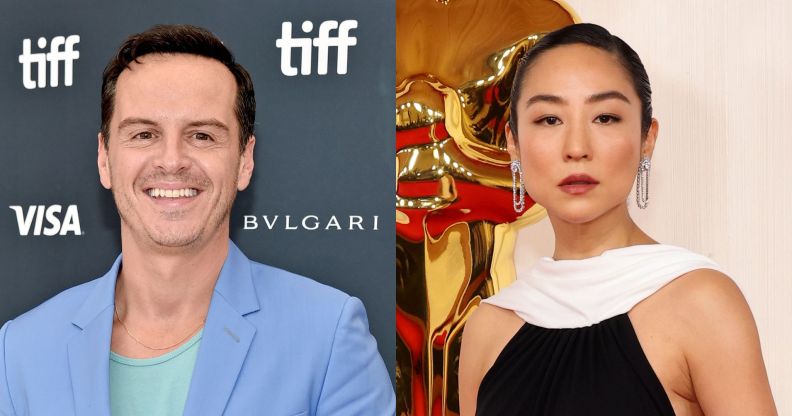 Andrew Scott smiles in a blue suit (left) and Greta Lee poses in a black and white dress (right)