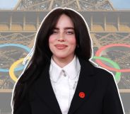 Billie Eilish against an image of the Eiffel Tower with the Olympic Rings behind her