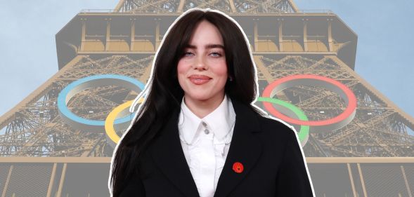 Billie Eilish against an image of the Eiffel Tower with the Olympic Rings behind her