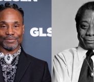 Billy Porter in a black suit and patterned shirt against a blue and white background (left) and a black and white photo of James Baldwin smiling (right).