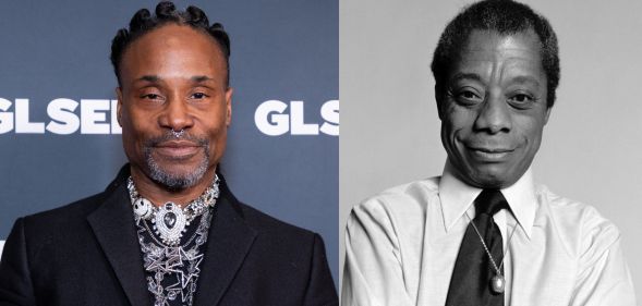 Billy Porter in a black suit and patterned shirt against a blue and white background (left) and a black and white photo of James Baldwin smiling (right).
