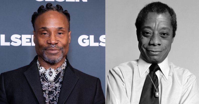 Billy Porter in a black suit and patterned shirt against a blue and white background (left) and a black and white photo of James Baldwin smiling (right).