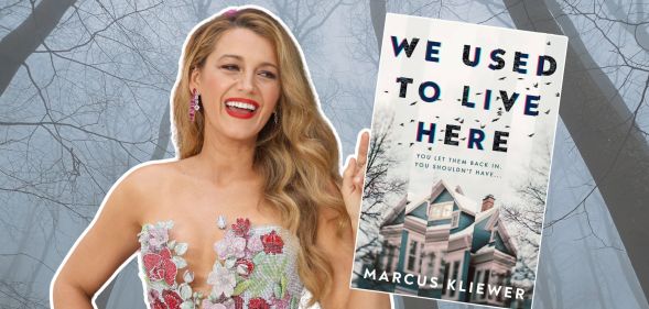 An image created which features Blake Lively holding a copy of We Used To Live Here, against a backdrop of trees.