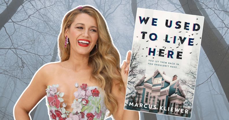 An image created which features Blake Lively holding a copy of We Used To Live Here, against a backdrop of trees.