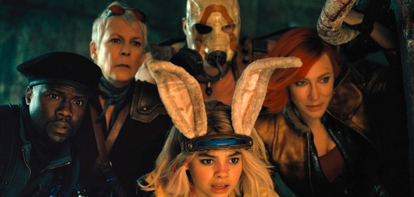 Kevin Hart as Roland, Jamie Lee Curtis as Tannis, Ariana Greenblatt as Tiny Tina, Florian Munteanu as Krieg, and Cate Blanchett as Lilith in Borderlands