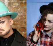 An image composite showing Boy george now and Boy George in the '80s