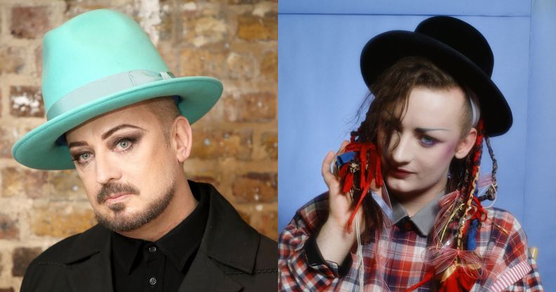 An image composite showing Boy george now and Boy George in the '80s