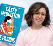 An image of author Casey McQuiston, their new book The Pairing, against a sun, sea and sand background.