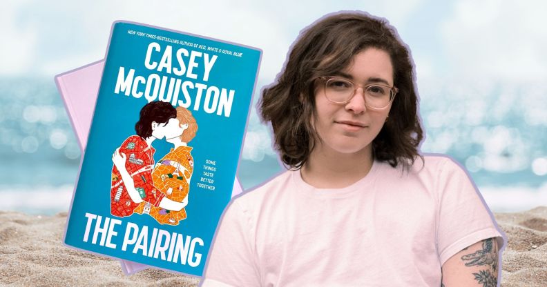 An image of author Casey McQuiston, their new book The Pairing, against a sun, sea and sand background.