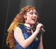 Chappell Roan performs at Outside Lands at Golden Gate Park, wearing a sparkly blue sequin vest top.