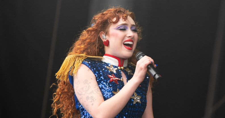 Chappell Roan performs at Outside Lands at Golden Gate Park, wearing a sparkly blue sequin vest top.