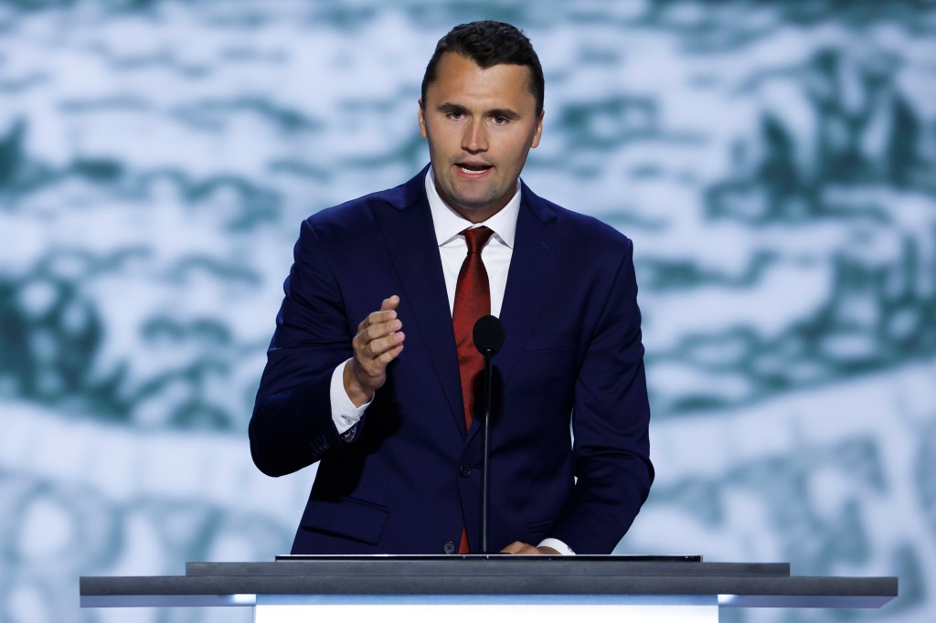 Charlie Kirk speaks on stage on the first day of the Republican National Convention