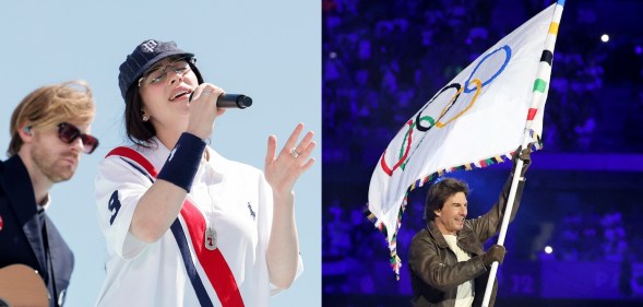 Billie Eilish performing at the LA28 Olympic Games Handover Celebration and Actor Tom Cruise holds the Olympic flag during the Closing Ceremony of the Olympic Games Paris 2024.