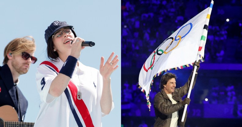 Billie Eilish performing at the LA28 Olympic Games Handover Celebration and Actor Tom Cruise holds the Olympic flag during the Closing Ceremony of the Olympic Games Paris 2024.