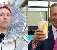 Joe Lycett dressed as a queen at the BAFTAs and Nigel Farage smiling holding a milkshake