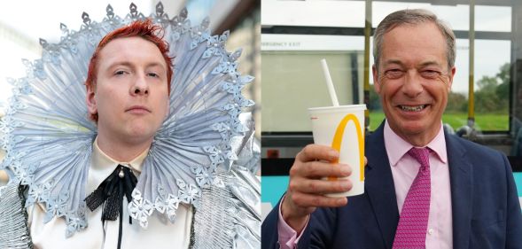 Joe Lycett dressed as a queen at the BAFTAs and Nigel Farage smiling holding a milkshake