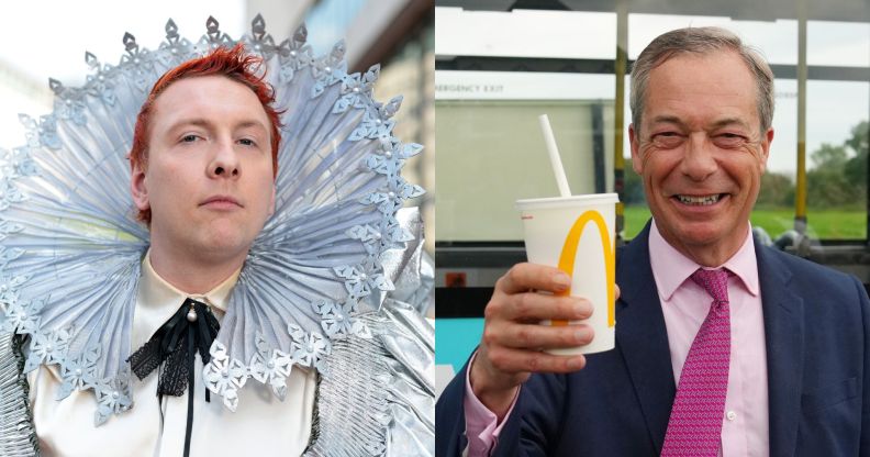 Joe Lycett dressed as a queen at the BAFTAs and Nigel Farage smiling holding a milkshake