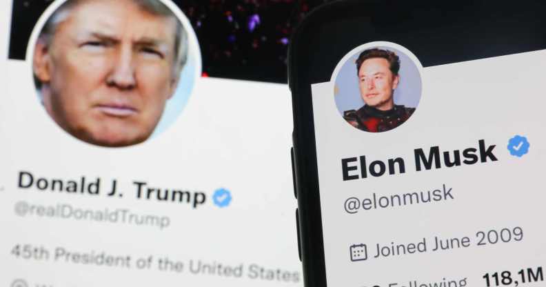 Donald Trump Twitter account displayed on a laptop screen and Elon Musk Twitter account displayed on a phone screen are seen in this illustration photo taken in Krakow, Poland on November 22, 2022. (Photo by Jakub Porzycki/NurPhoto via Getty Images)