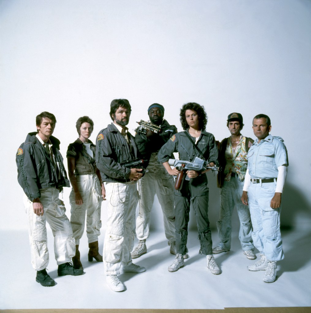 Actors Sigourney Weaver, Veronica Cartwright, John Hurt, Tom Skerritt, Yaphet Kotto, Harry Dean Stanton and Ian Holm on the set of Alien