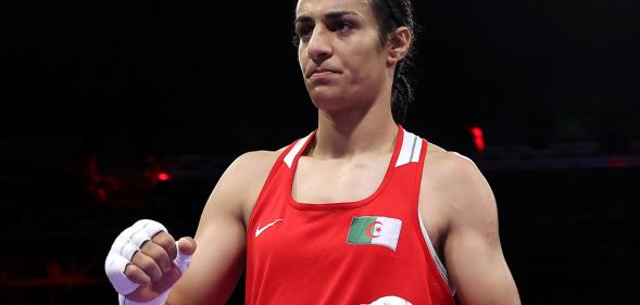 Algerian boxer Imane Khelif, pictured in her boxing outfit at the Paris 2024 Olympics