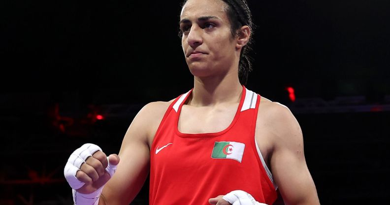 Algerian boxer Imane Khelif, pictured in her boxing outfit at the Paris 2024 Olympics