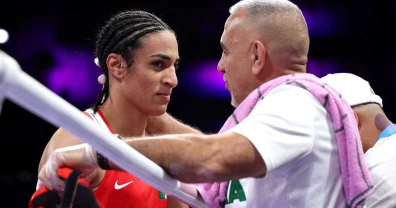 Imane Khelif of Team Algeria interacts with a coach of Team Algeria after Angela Carini of Team Italy (not pictured) abandons the Women's 66kg preliminary round match in the first round on day six of the Olympic Games Paris 2024 at North Paris Arena on 1 August, 2024 in Paris, France.