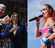 Vice President Kamala Harris and Tim Walz appear on stage together during a campaign event and a picture of Chappell Roan performing