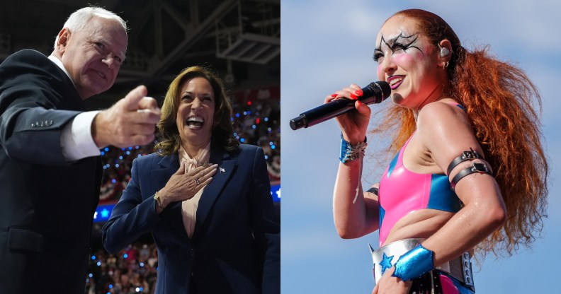 Vice President Kamala Harris and Tim Walz appear on stage together during a campaign event and a picture of Chappell Roan performing