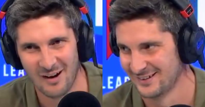 A split image of Tom Swarbrick on the set of LBC.