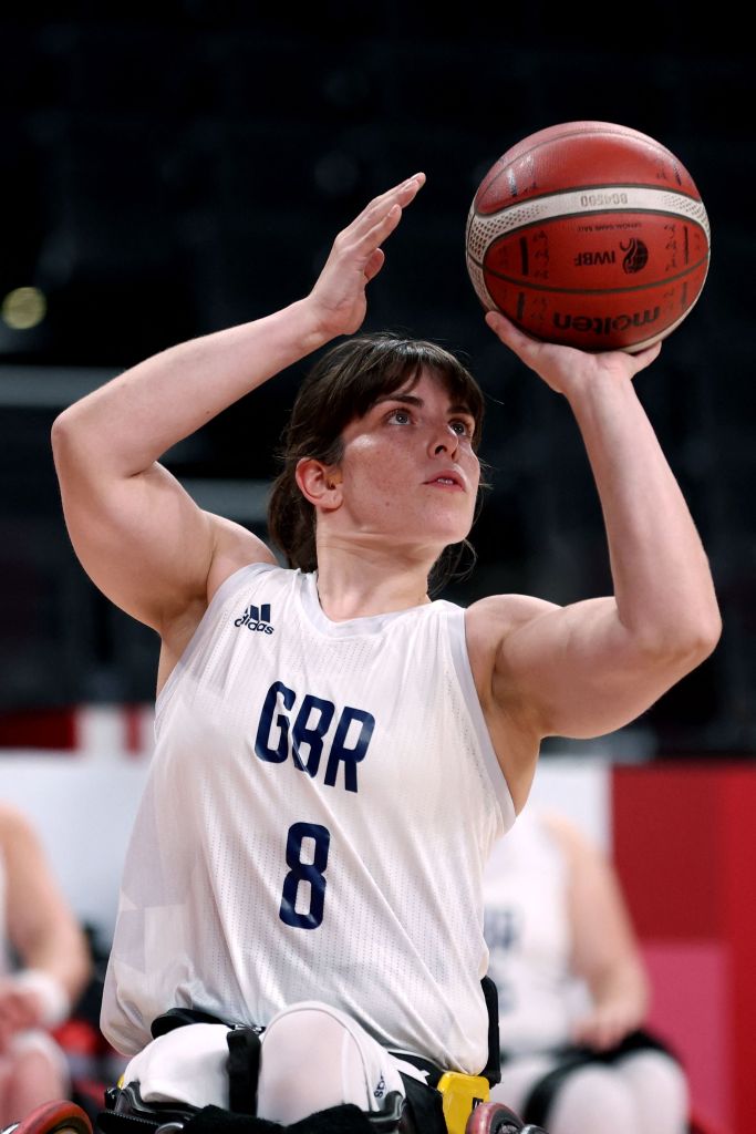 Britain's Laurie Williams shoots the ball in the wheelchair basketball women's classification playoff