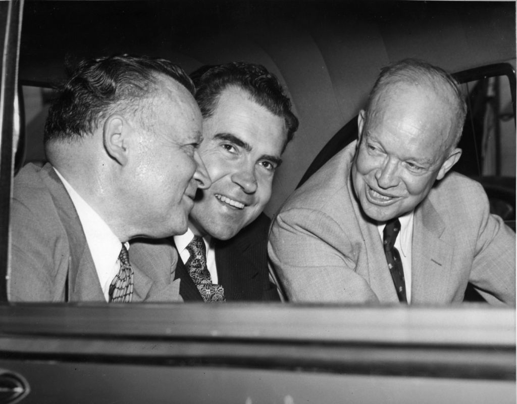 Republican presidential candidate Dwight D Eisenhower, right, with running mate Richard Nixon, centre, and Arthur Summerfield, chairman of the Republican National Committee, leaving campaign headquarters in Washington DC, USA.