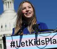 Rebekah Bruesehoff, a transgender student athlete, speaks at a press conference on LGBTQI+ rights, at the U.S. Capitol on 8 March, 2023 in Washington, DC