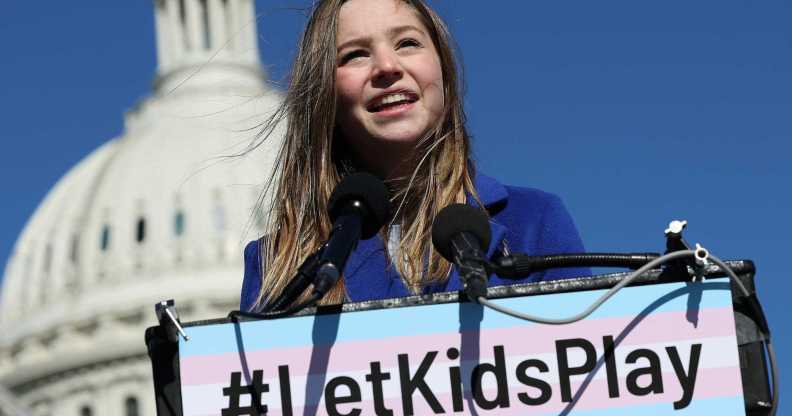 Rebekah Bruesehoff, a transgender student and athlete, speaks at a press conference on LGBTQI+ rights at the U.S. Capitol on March 8, 2023 in Washington, DC