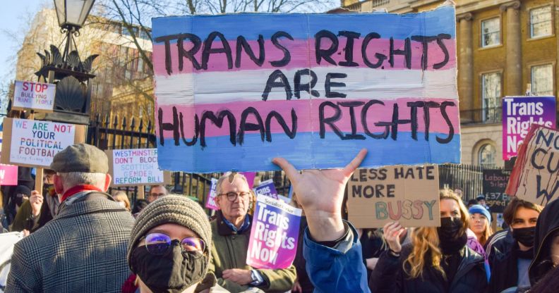 A person holds up a sign saying trans rights are human rights.