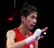 Yu Ting Lin of Team Chinese Taipei reacts after winning the Women's 57kg Quarter-final match against Svetlana Kamenova Staneva of Team Bulgaria on day nine of the Olympic Games Paris 2024