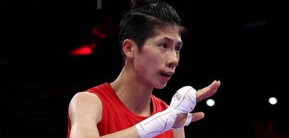 Yu Ting Lin of Team Chinese Taipei reacts after winning the Women's 57kg Quarter-final match against Svetlana Kamenova Staneva of Team Bulgaria on day nine of the Olympic Games Paris 2024