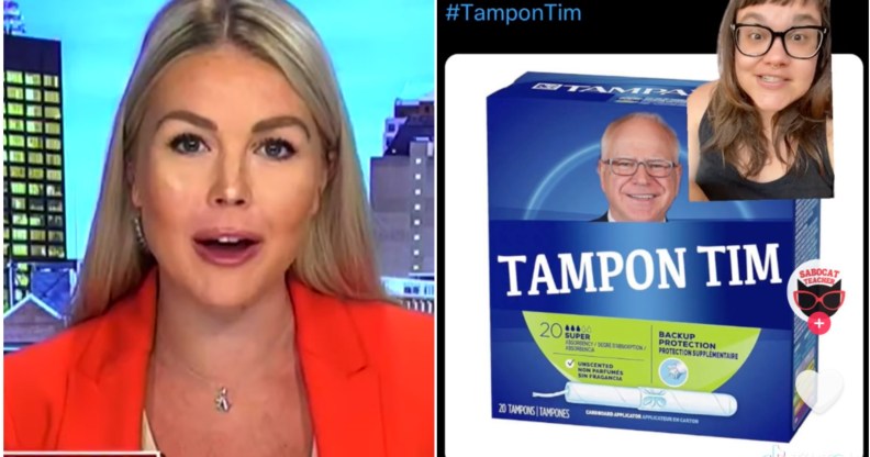 Composite image showing Trump's spokesperson on the left and a TikTok screengrab of someone discussing the 'Tampon Tim' nickname on the right